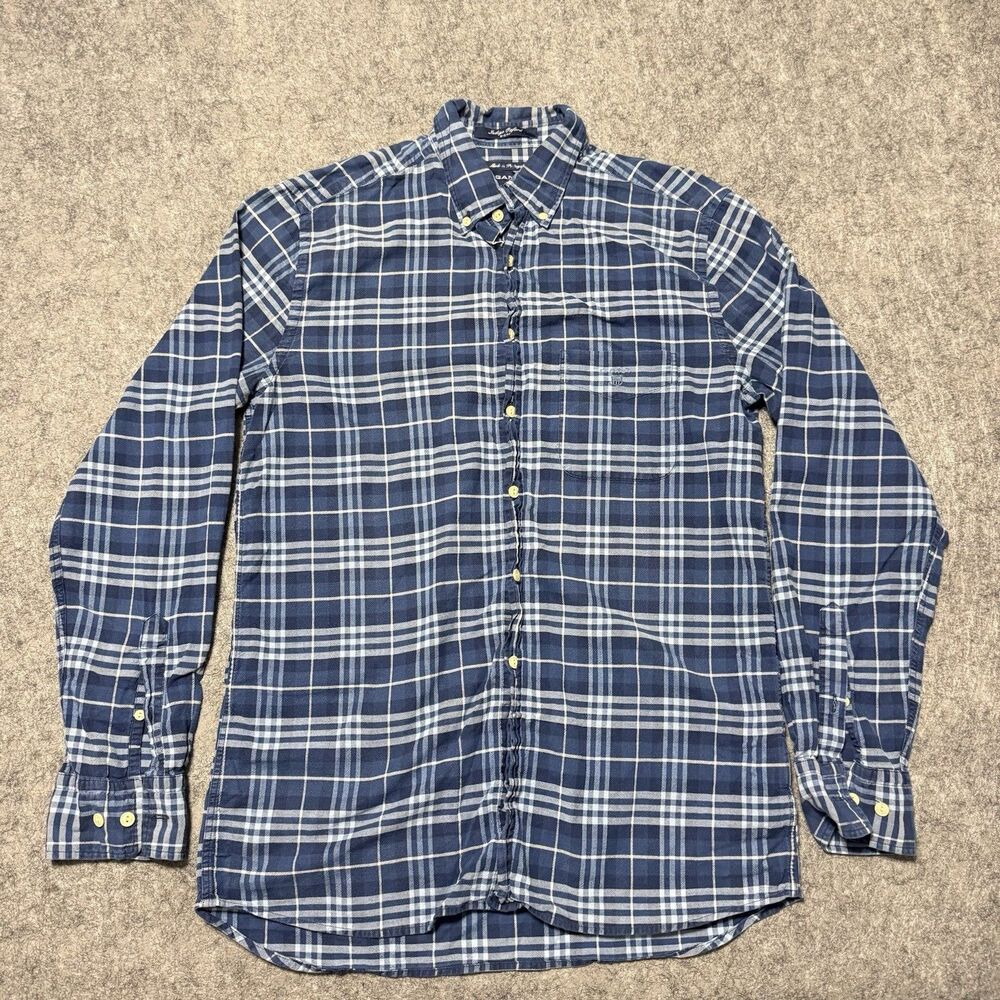 GANT Indigo Oxford Flannel Shirt Size M Blue Plaid Made in Portugal E-Z Fit